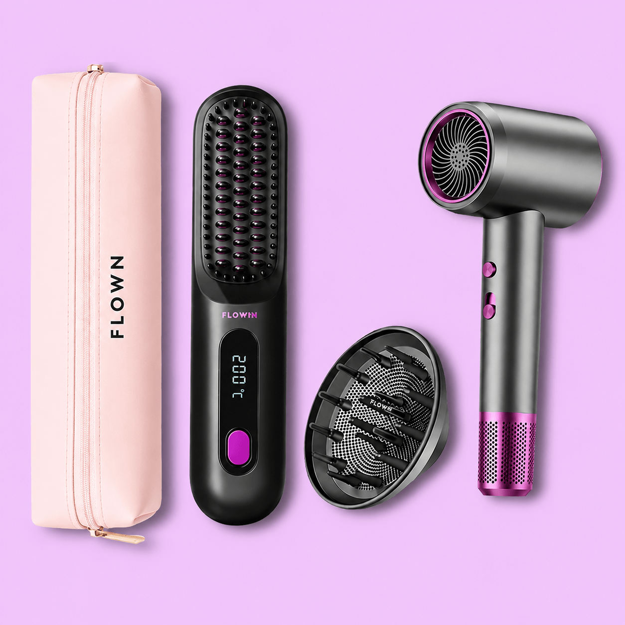 GoBrush PRO + Leather Pouch + Jetspeed Hair Dryer + Diffuser - NUMOYA