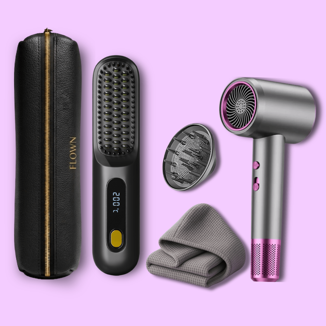 GoBrush MAX + Leather Pouch + Jetspeed Hair Dryer + Diffuser + Microfiber Towel - NUMOYA