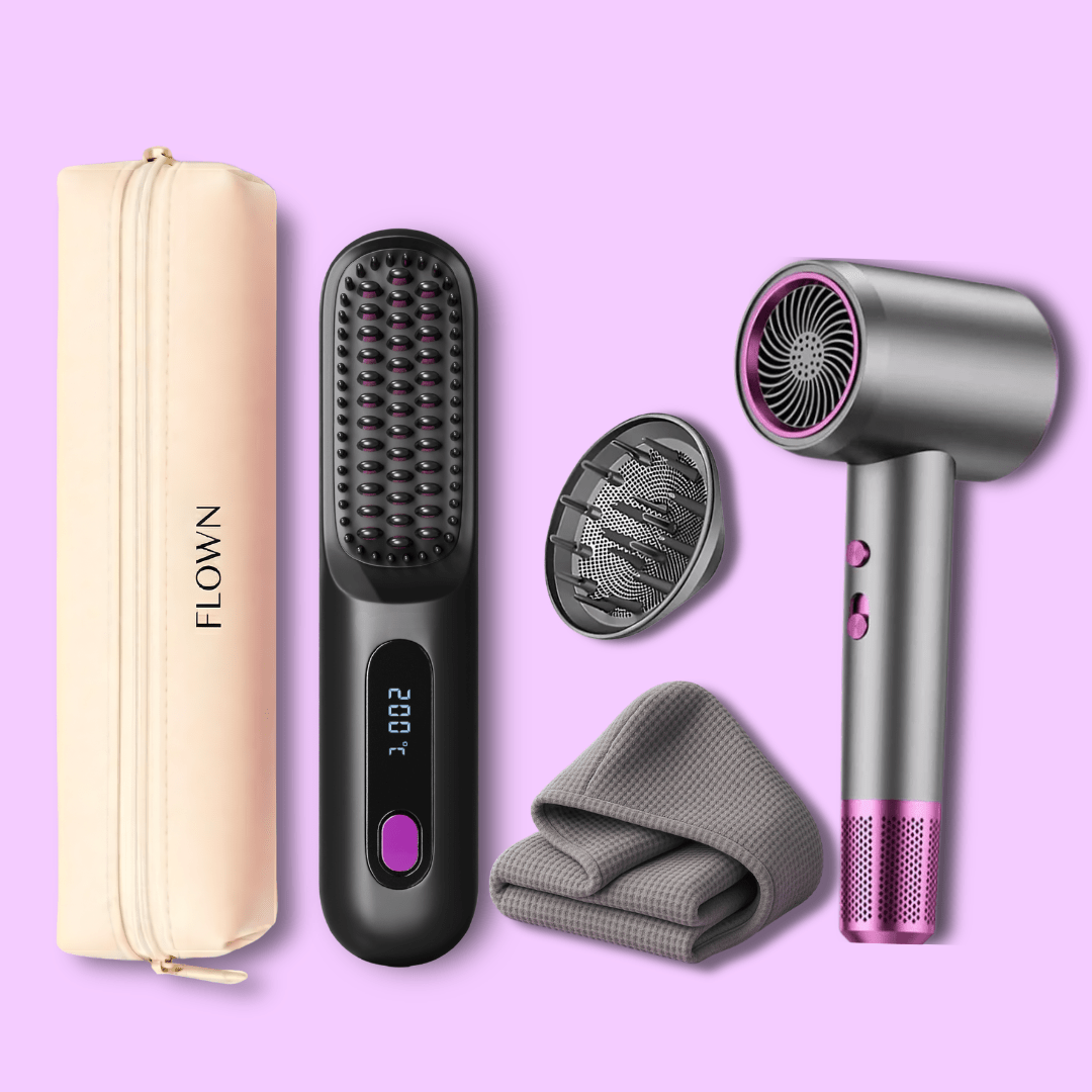 GoBrush PRO + Leather Pouch + Jetspeed Hair Dryer + Diffuser + Microfiber Towel - NUMOYA